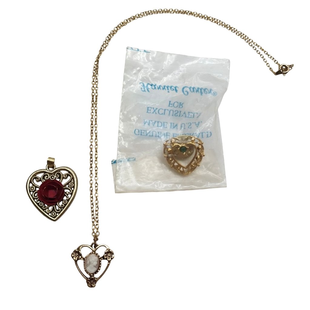 Valentines Day Heart Lot Cameo Pendant Necklace Heart Charm Red Rose Emerald Pin
